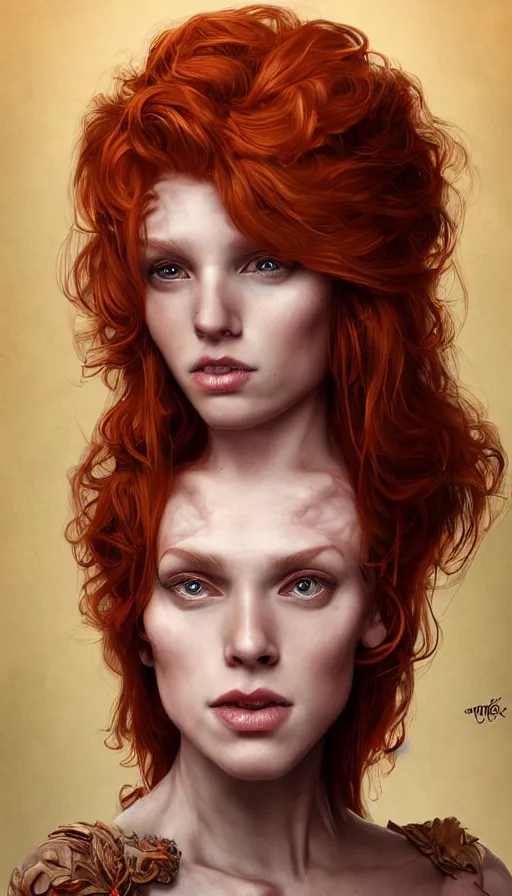 Prompt: ginger cindy crowford, bold, cheeky, fame of thrones, passionate, seductive, expressive, charismatic, very sweaty, intricate fashion clothing, insane, intricate, highly detailed, digital painting, artstation, concept art, surrealistic, smooth, sharp focus, illustration, unreal engine 5, 8 k, art by artgerm and greg rutkowski and alphonse mucha