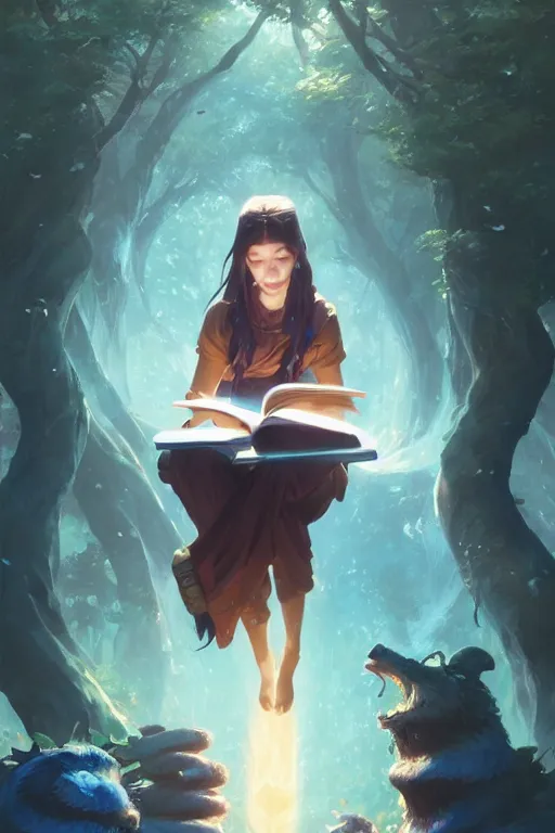 Image similar to highly detailed portrait of beautiful girl reading a book in avatar, dynamic pose, stephen bliss, unreal engine, fantasy art by greg rutkowski, loish, rhads, ferdinand knab, makoto shinkai and lois van baarle, ilya kuvshinov, rossdraws, tom bagshaw, global illumination, radiant light, detailed and intricate environment