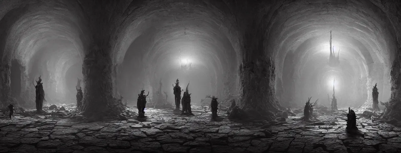 Image similar to dark fantasy catacombs, inside the infernal hall, undead demon guard figures, ethereal, ominous, dramatic cinematic lighting, volumetric 8 k, cryengine, by h. r. giger and zdizslaw beksinski, elden ring