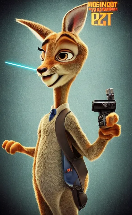 Image similar to “kangaroo in the style of the movie zootopia holding a laser gun and pointing it at the the camera”