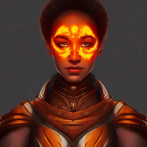 Prompt: side profile portrait of a mixed-race woman with an orange glow on her face from an orange flame being cast as a spell in her hand, medieval metallic knight armor, artstation, cgsociety, masterpiece, dark fantasy