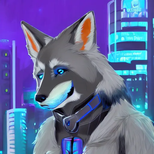 Image similar to an anthro anthropomorphic furry fursona hybrid of a blue german shepherd and a blue fox, with blue fur and blue eyes in a cyberpunk outfit, walking in cyberpunk neon streets, award winning digital art, trending on furaffinity, artstation, pixiv