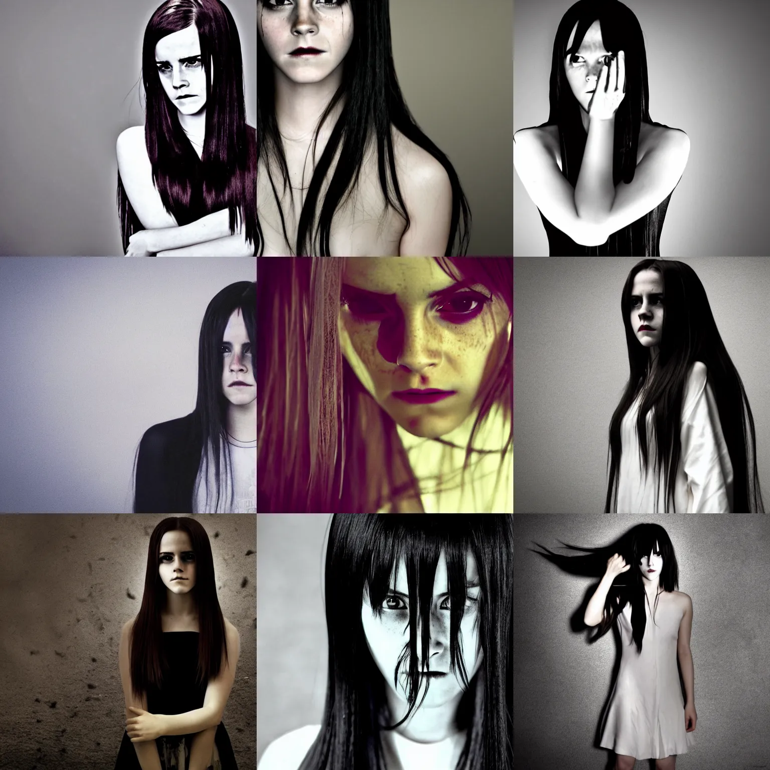 Prompt: emma watson as samara from the ring, the grudge, japanese horror cosplay photoshoot, dark, scary, 4 k, modeling