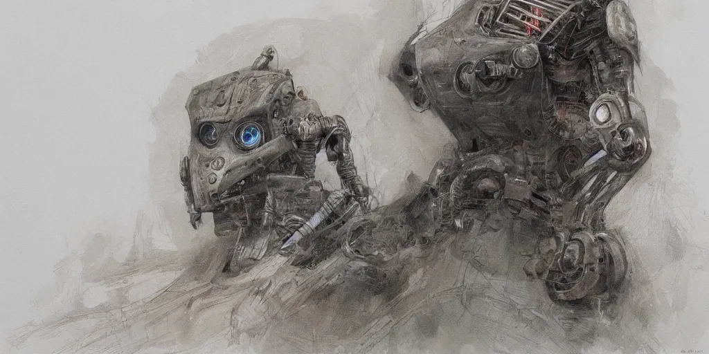 Image similar to a screamed painting of robot by alan lee, trending on artstation