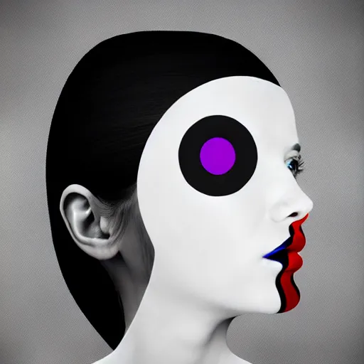 Image similar to An abstract portrait of a girl with black hair against dark grey background, detail oriented work inspired by M.C Escher and the surrealist movement, rendered using photoshop, sony vegas pro 2019 and pixologic's zbrush