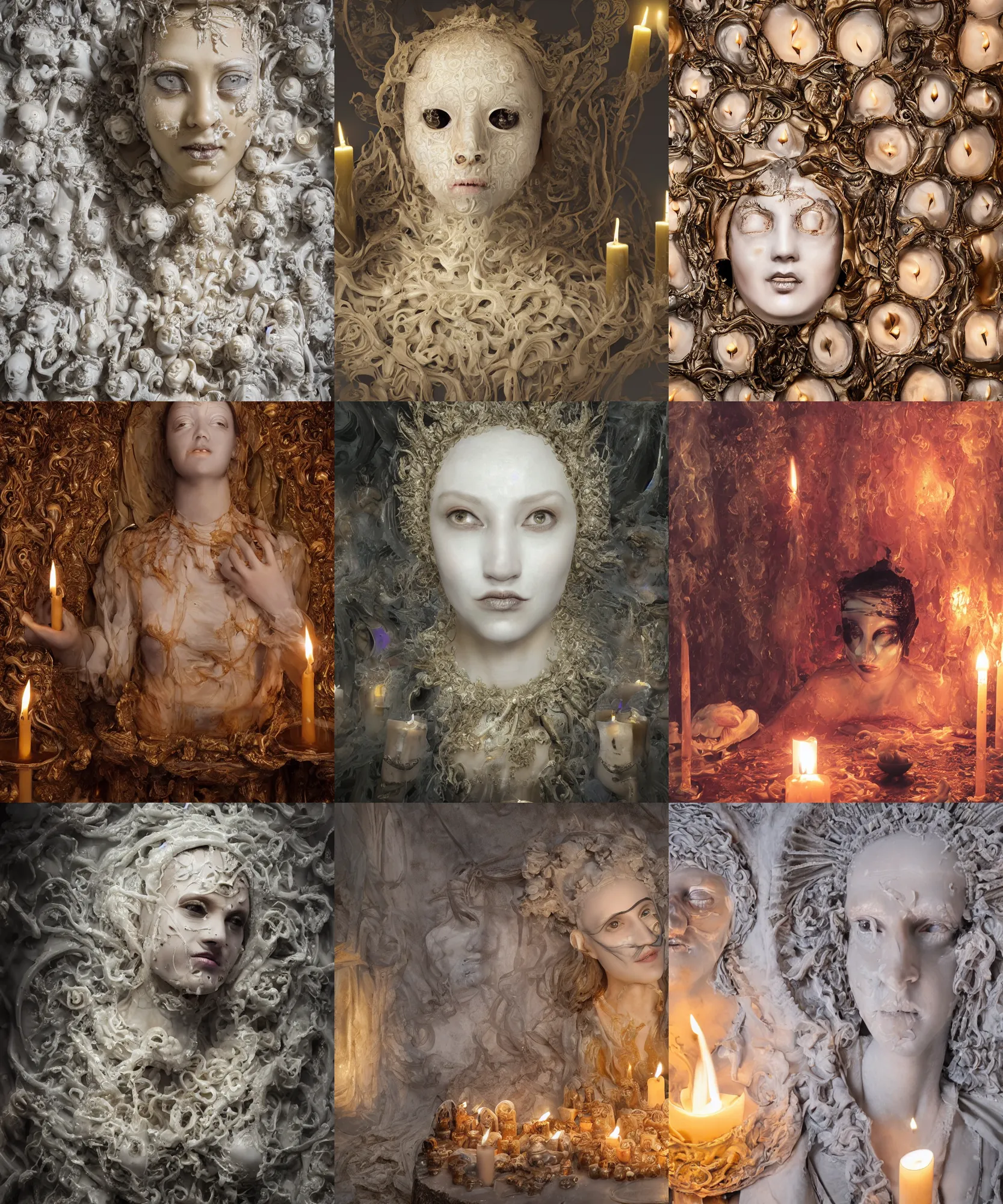 Prompt: a renaissance wax goddess in occult full-face mask covered with many melted candles, highly detailed melted wax, gi, global illumination, physically based rendering, photorealistic, top light, by Livio Scarpella, Urs Fischer, Jin Shan, Mooniq Priem, white background