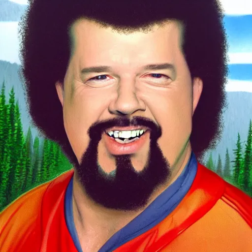 Image similar to a closeup photorealistic photograph of bob ross painting kenny powers dressed in baseball uniform onto a canvas. mountains and trees. film still. brightly lit scene. this 4 k hd image is trending on artstation, featured on behance, well - rendered, extra crisp, features intricate detail, epic composition and the style of unreal engine.