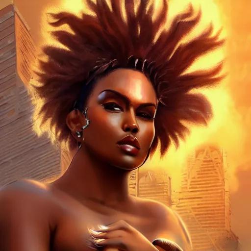 Prompt: a colossal goddess, creative, brown skin, giant, digital art, in the city, in town, high quality, full body, photo manipulation, down there, fire hair, digital painting, smoke, artstation, vibrant colors