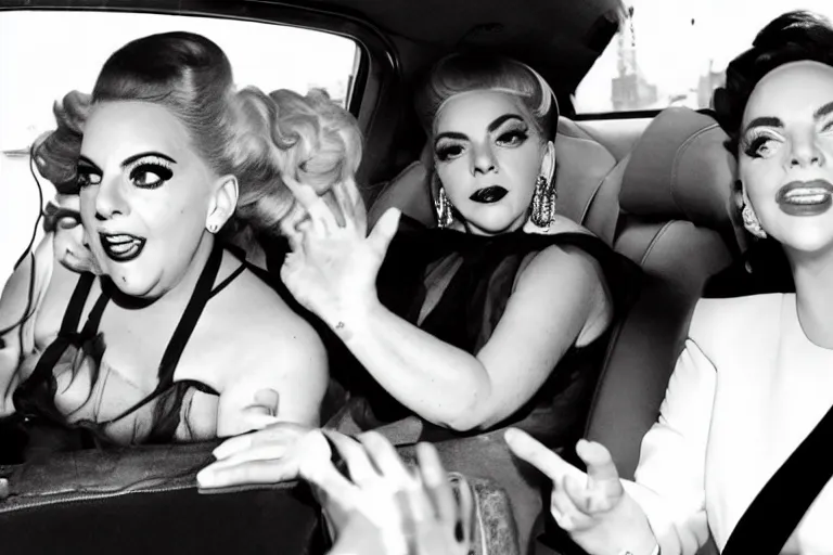 Prompt: lady gaga and judy garland doing carpool karaoke, lady gaga and judy garland, carpool karaoke, lady gaga, judy garland, carpool karaoke, youtube video screenshot, the late late show with james cordon