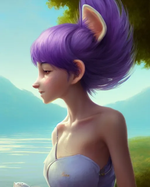 Prompt: an anthropomorphic fox girl with purple hair, she wears a simple sundress, she has a pronounced snout and two pointed black ears, beautiful lake background, illustration by greg rutkowski, thomas kindkade, loish, artstation, furaffinity, deviantart