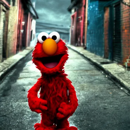 Prompt: Elmo in real life shooting up heroin in the back alley, gloomy and depressing, hyper realistic, 8k resolution, sharp focus