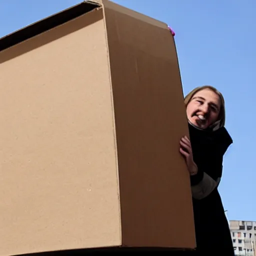 Image similar to a giant anthropomorphic cardboard box wreaking havoc on city, destroying buildings