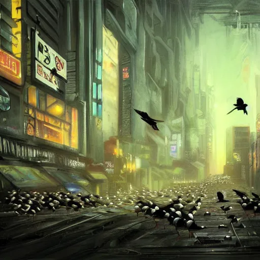 Image similar to A dark painting of a cyberpunk city infested with giant pigeons, trending on deviantart