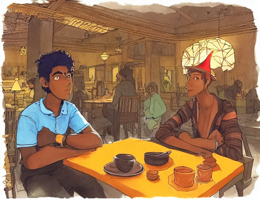 Image similar to brown - skinned witch boy in a suspicious cafe. complementary colors, copic markers, indie concept art, bloom, chiaroscuro, backlighting, intricate details.