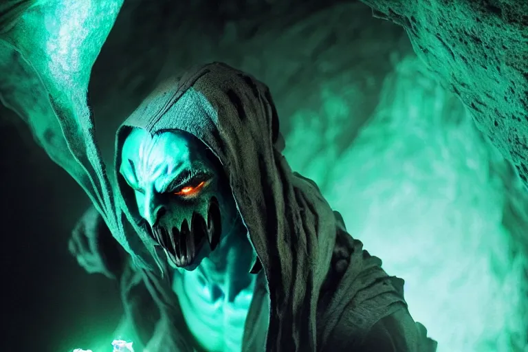 Image similar to vfx film, soul reaver, raziel irl, price of persia movie, missing jaw, hero pose, devouring magic souls, scarf, hood, glowing green soul blade, in epic ancient sacred huge cave temple, flat color profile low - key lighting award winning photography arri alexa cinematography, hyper real photorealistic cinematic beautiful, atmospheric cool colorgrade