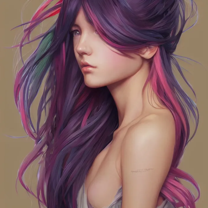 Image similar to portrait of beautiful symmetrical anime girl, rainbow hair, attractive, casual, modern, victoria's secret, highly detailed, digital painting, artstation, concept art, smooth, sharp focus, illustration, art by artgerm, greg rutkowski and alphonse mucha, 8 k,