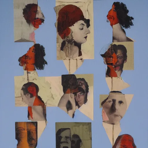 Prompt: A collage painting of multiple personalities in the style of Raoul Hausmann
