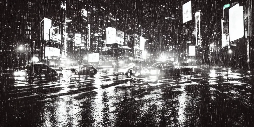 Image similar to a city street at night, raining, photograph, cars on the road, cyberpunk,