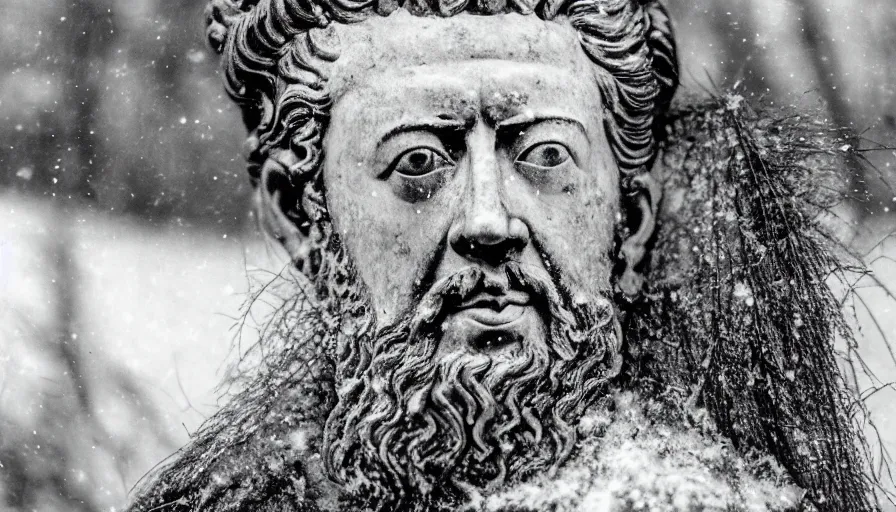 Prompt: 1 9 6 0 s movie still close up of marcus aurelius in emperor clothes frozen to death by the side of a river, grass, snowy, pine forests, cinestill 8 0 0 t 3 5 mm b & w, high quality, heavy grain, high detail, texture, dramatic light, anamorphic, hyperrealistic, detailed hair, foggy