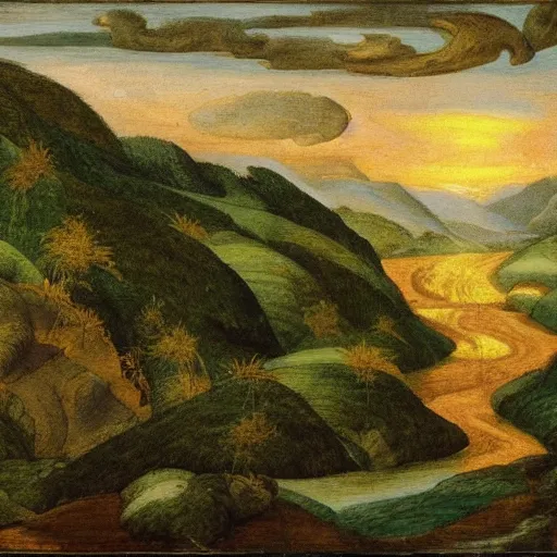 Prompt: Golden sun pouring honey into a golden river in a lush mountainous landscape. In the style of Michelangelo