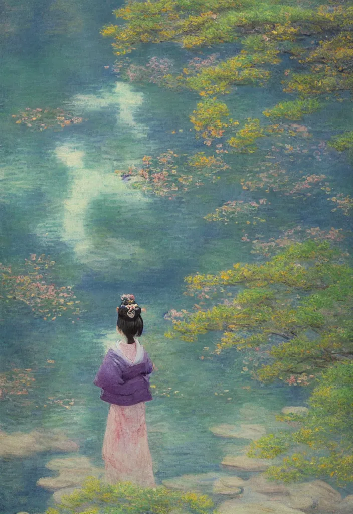 Image similar to tiny character in front of a beautiful japanese city in the mountain, amazing ryokans and gorgeous edo era houses. gorgeous epic nature, lofi, vivid colors, amazing light, by jeremy lipkin, by claude monet, heavily inspired by makoto shinkai, kandinsky touches, masterpiece, multiple brush strokes, impressionist style. divine