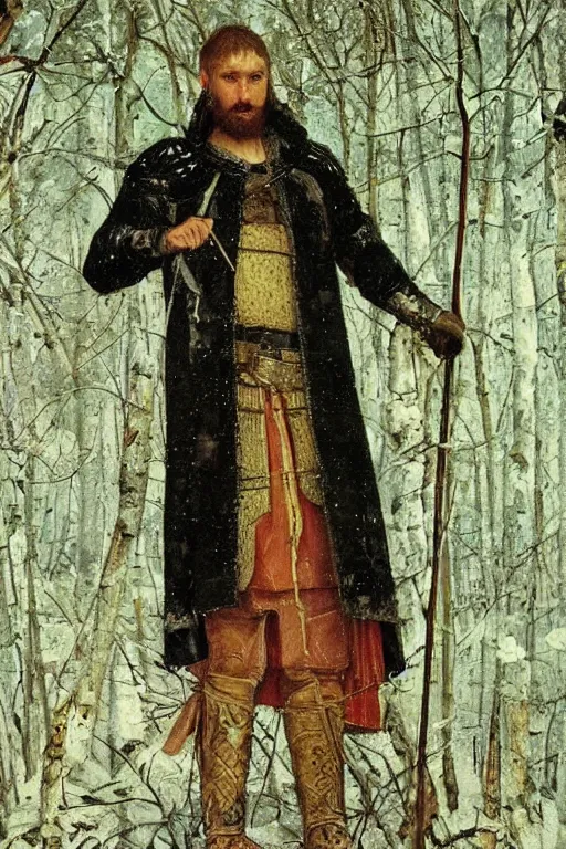 Image similar to Heroic medieval man in black adidas jacket armor, full body, beautiful russian nature, painting by vasnetsov