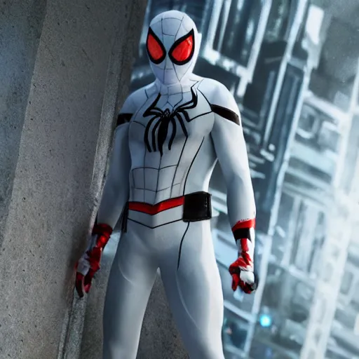 Image similar to white spider - man suit with black web lining, cinematic, volumetric lighting, realistic, hyperdetailed, photorealistic, photograph