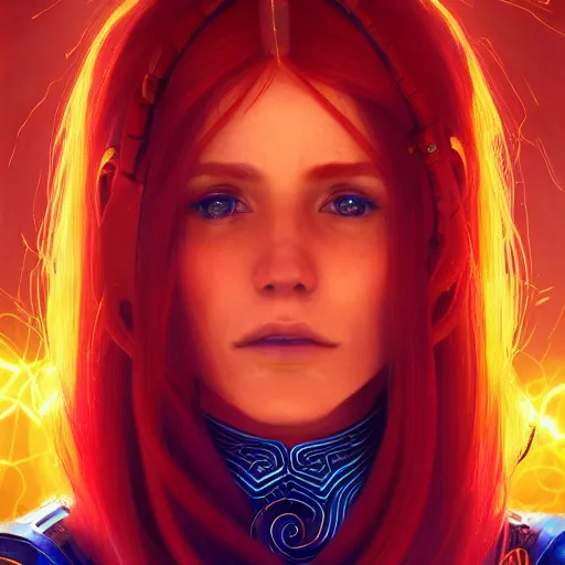 Prompt: highly detailed portrait of a red-haired young woman wearing a futuristic blue tunic, floating in a field of glowing golden tentacles, octane render, trending on artstation, by Artgerm,Greg Rutkowski,Alphonse Mucha, 4k resolution