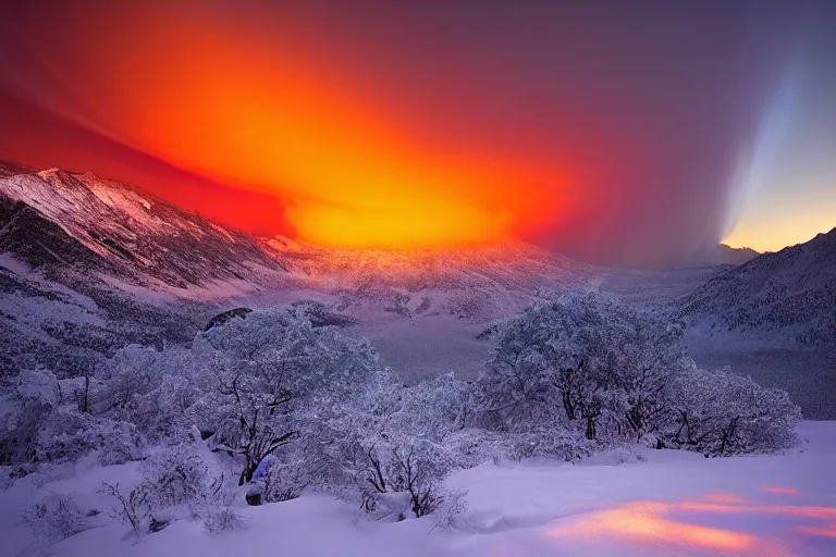 Image similar to amazing landscape photo of nuclear explosion in snowy mountains at sunset by marc adamus beautiful dramatic lighting