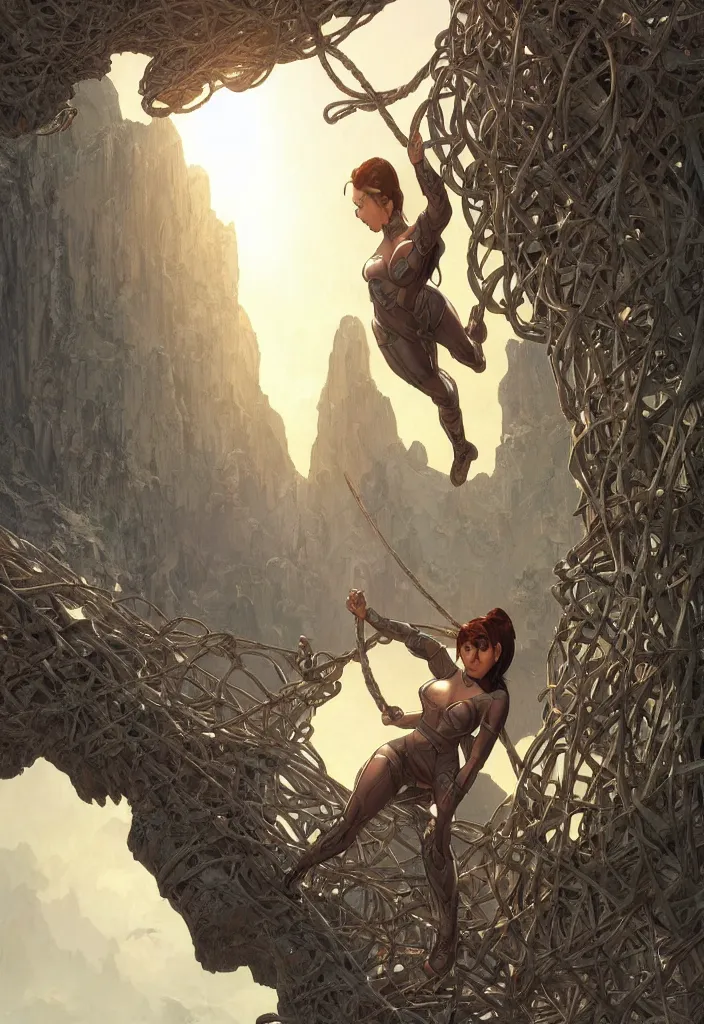 Image similar to comic book cover of android on a old rope bridge looking up at crystal temple, highly detailed, professional digital painting, Unreal Engine 5, illustration, HD quality, 8k resolution, cinema 4d, 3D, cinematic, professional photography, art by artgerm and greg rutkowski and alphonse mucha and loish and WLOP