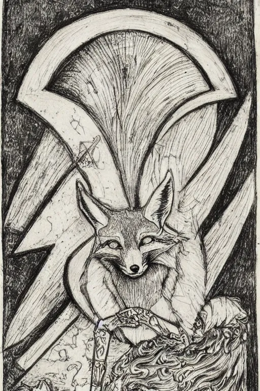 Image similar to realistic medieval etching of the fox of chaos, high detail, elaborate composition, quality draughtmanship, detailed faces. by austin osman spare, occult art, alchemical diagram