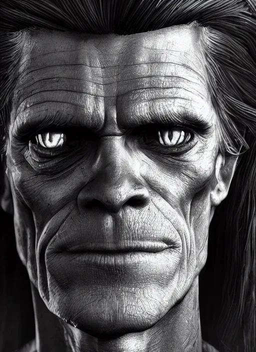 Prompt: A fantasy comic book style portrait painting of Willem Dafoe as a necromancer in dark castle setting, unreal 5, DAZ, hyperrealistic, octane render, RPG portrait, dynamic lighting