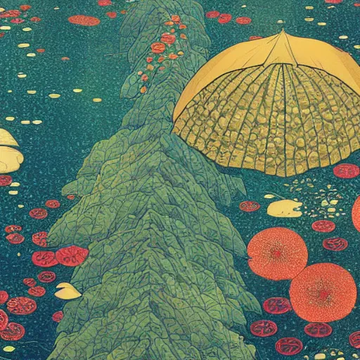 Image similar to Rain, Leaves, Fruit, Flowers, Arboreal, majestic rivers of crystalized color, 8K by Hokusai, Klimt, Dan Mumford and Tom Whelan