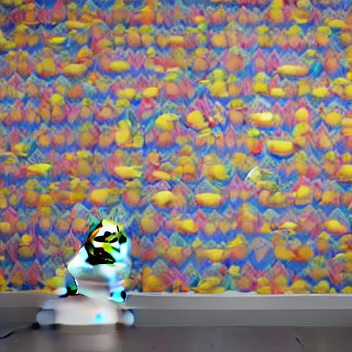 Prompt: a hyper - realistic rubber duck sits alone in a large room next to a birthday cake, the walls are covered with colorful geometric wall paintings in the style of sol lewitt, neoclassical architecture.