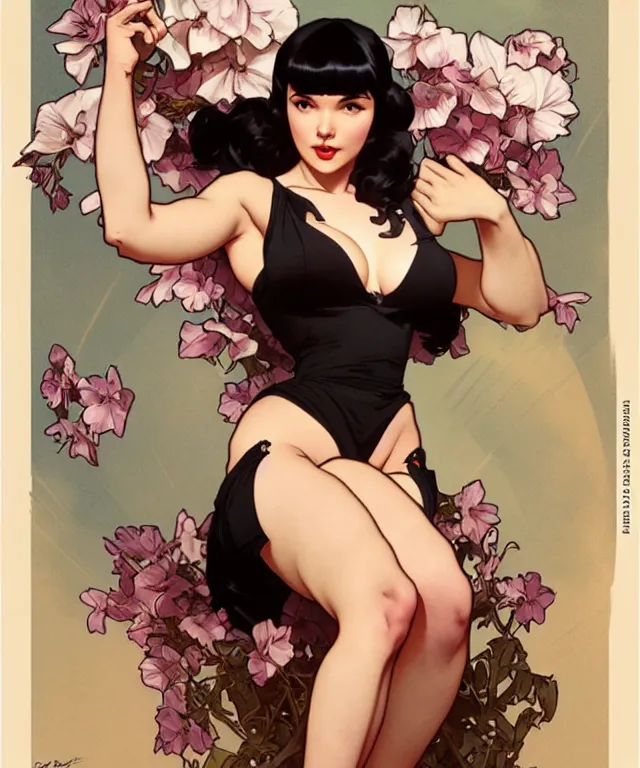 Image similar to Betty Page, full body, sharp focus, illustration, art by artgerm and greg rutkowski and alphonse mucha