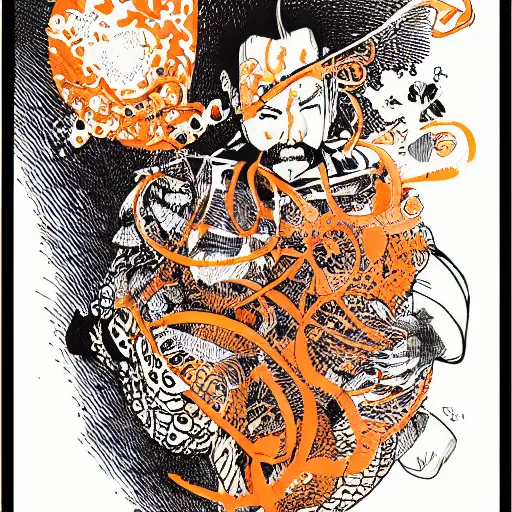 Image similar to amazing, pen, loosely cross hatched, ink, orange background, illustration by Terada Katsuya, koji morimoto, tatsuyuki tanaka