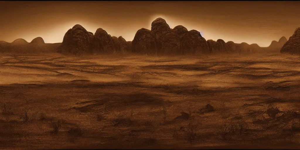 Image similar to a realistic sepia - toned photorealistic painting of wadi rum at night, dark, brooding, atmospheric, lovecraft