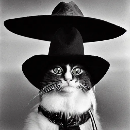 Prompt: Cat wearing a cowboy-hat by Anton Corbijn