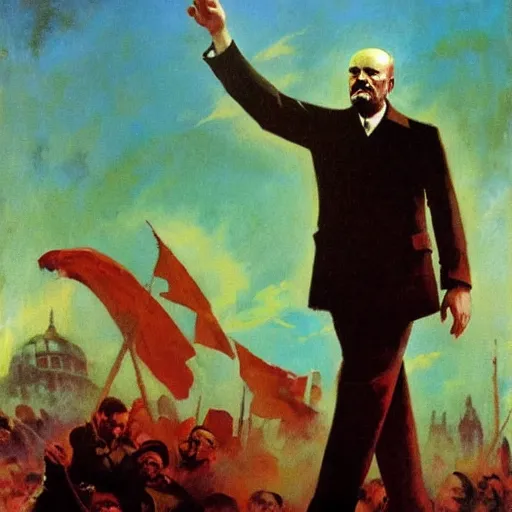 Image similar to dramatic oil painting of vladimir lenin, painted by frank frazetta, propaganda poster