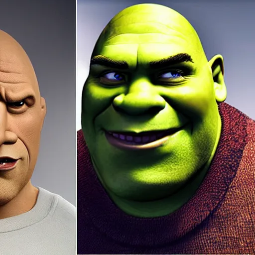 Prompt: shrek with the face of dwayne johnson, the rock