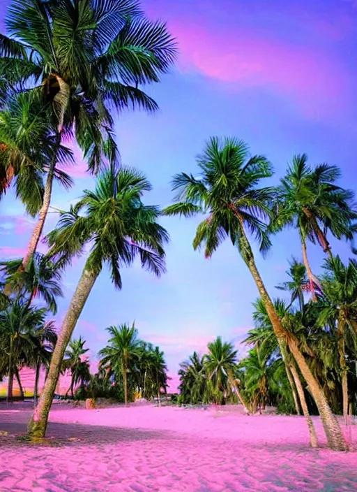 Prompt: palm trees on the beach, highly detailed, pink-blue-green light, landscaping, natural, outdoor spaces,