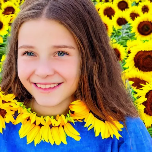 Image similar to Portrait, Drawing of a Ukrainian girl Smiling at the camera, Beautiful pretty young, flowers in her dark hair, Scene: Sunflower field, Colors: Yellow sunflowers, blue cloudy sky, In a style of Children scribbles