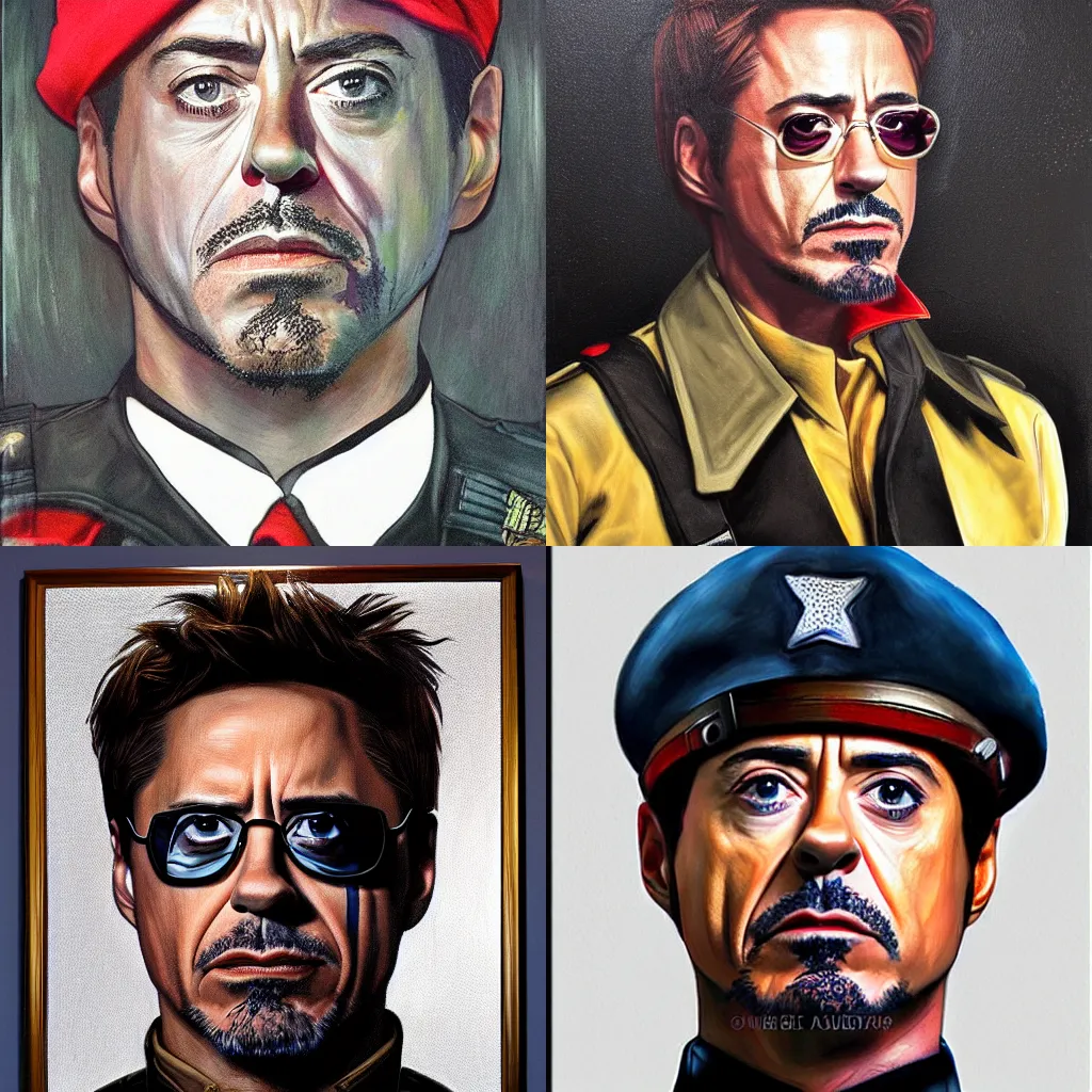 Prompt: Robert Downey Jr. as black soldier, portrait painting