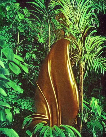 Prompt: vintage color photo of a giant 1 1 0 million years old abstract liquid gold sculpture shinning and covered by the jungle vines