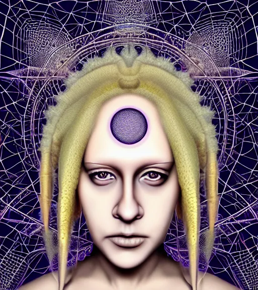 Image similar to photograph of beautiful biomechanical female blonde dreadlocks girl, hyper realistic skin, geometrical octagonal lace tattoos, polyhedral 3 d, roccoco futuristic android jones style steampunk, trippy lsd hippie, craftsmanship, intricate, hexagonal mesh wire, mandelbrot fractal spiral mandala alexander mcqueen, alex grey, giger, hyperreal, photorealistic