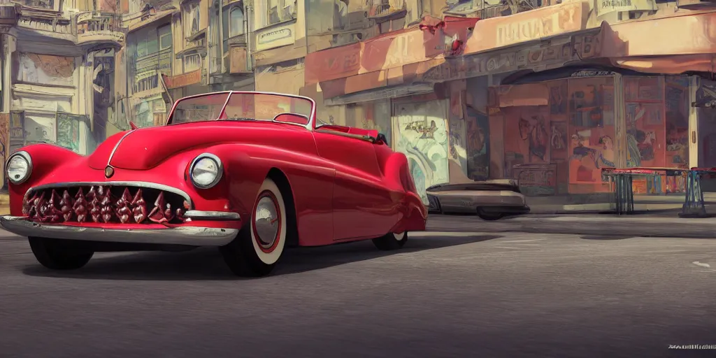 Prompt: front picture of one single 1952 red convertible car as a grand theft auto 5 loading screen, front view, intricate, studio, art by anthony macbain + greg rutkowski + alphonse mucha, concept art, 4k, sharp focus