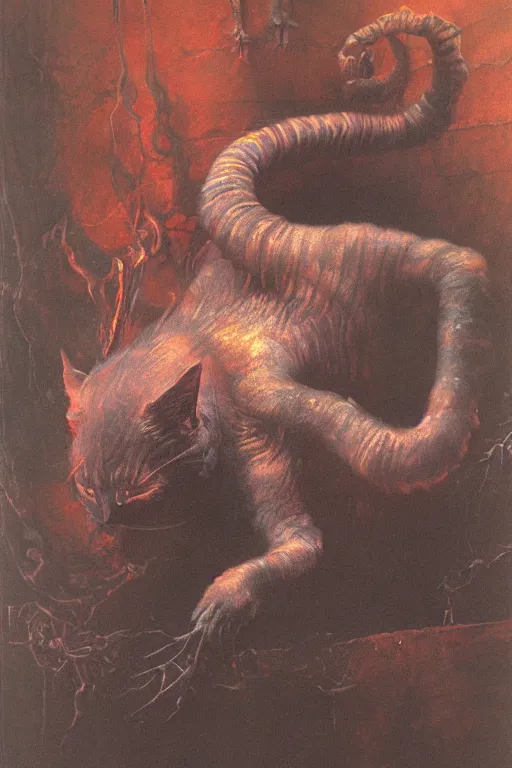 Prompt: spooky demon cat crawling out of a cauldron by wayne barlowe, rembrandt, complex, stunning, realistic skin color, 4 k, high res, awardwinning, masterpiece, realistic lighting