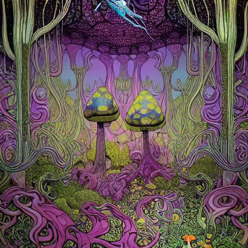 Prompt: psychedelic mushrooms and flowers madness fantasycore junglescape, glossy painting, Art Nouveau Elemental 4k Detailed Matte Illustration trending on Behance, CGSociety, Pastiche by Tim and Greg Hildebrandt, Pastiche by Kay Nielsen in black and white outlines