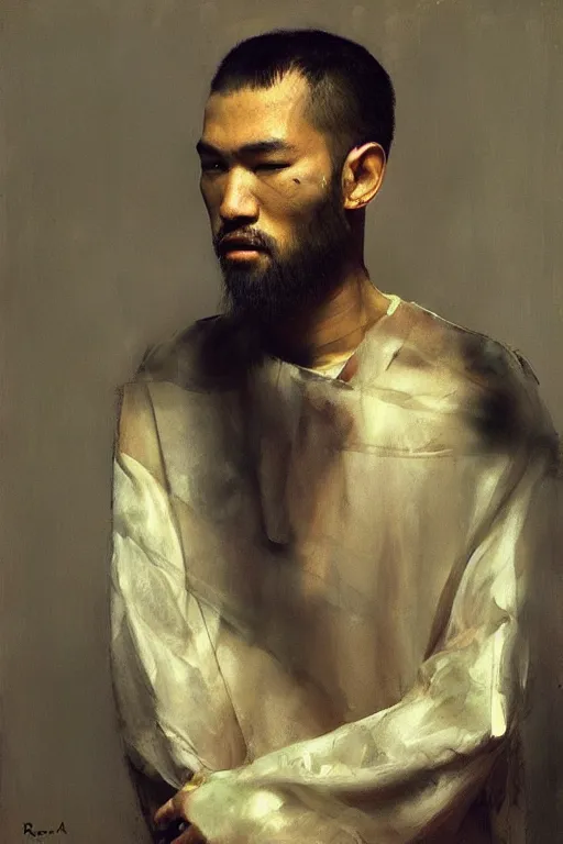 Image similar to beautiful bald kazakh guy with a short beard, painted by ruan jia, realistic, dramatic light