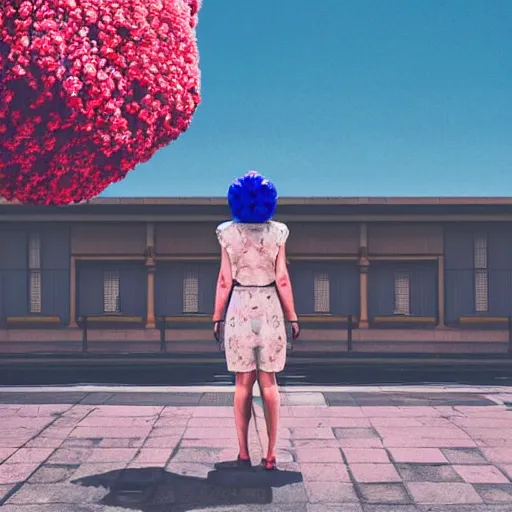 Prompt: giant flower head, woman walking through city, surreal photography, cinematic, blue sky, symmetry, detailed, bright, retro, wes anderson